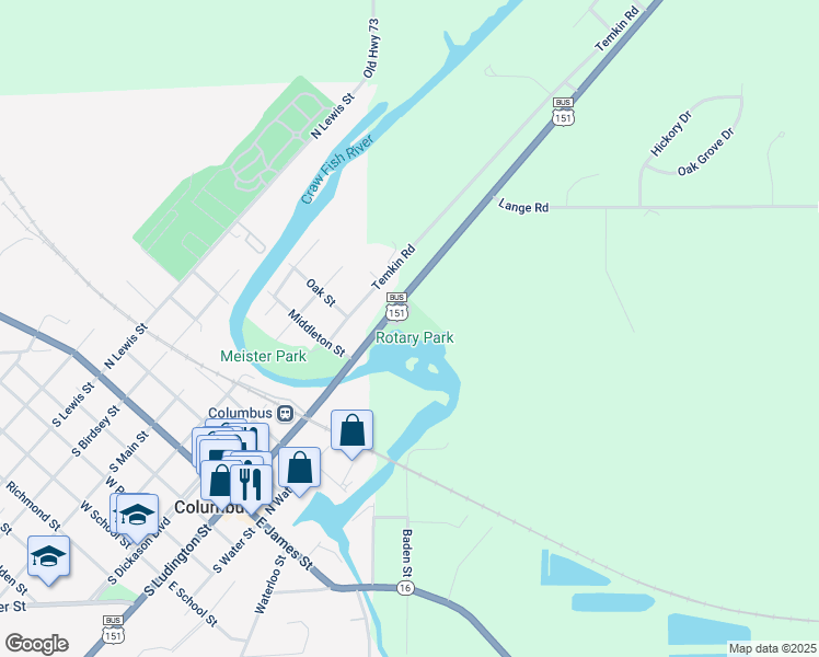 map of restaurants, bars, coffee shops, grocery stores, and more near Recreation Road in Columbus