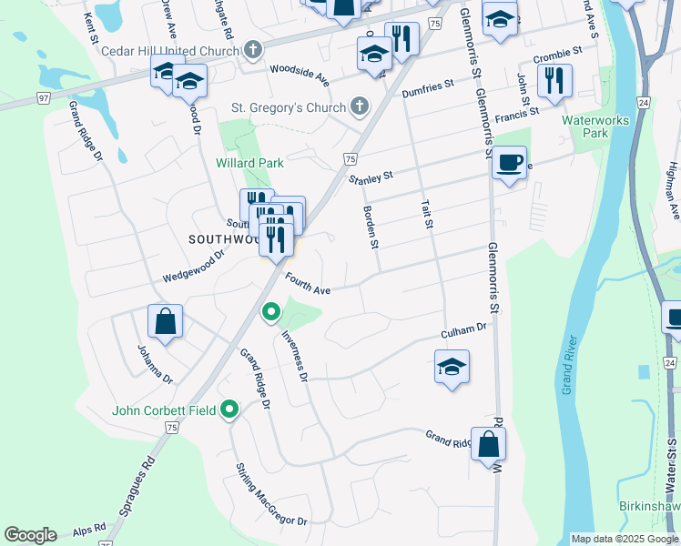 map of restaurants, bars, coffee shops, grocery stores, and more near 8 Riverview Drive in Cambridge