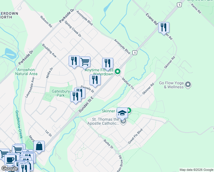 map of restaurants, bars, coffee shops, grocery stores, and more near in Waterdown