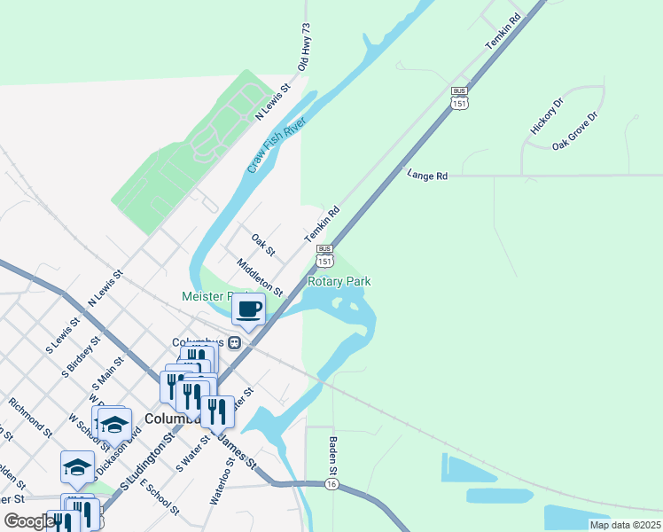 map of restaurants, bars, coffee shops, grocery stores, and more near Recreation Road in Columbus
