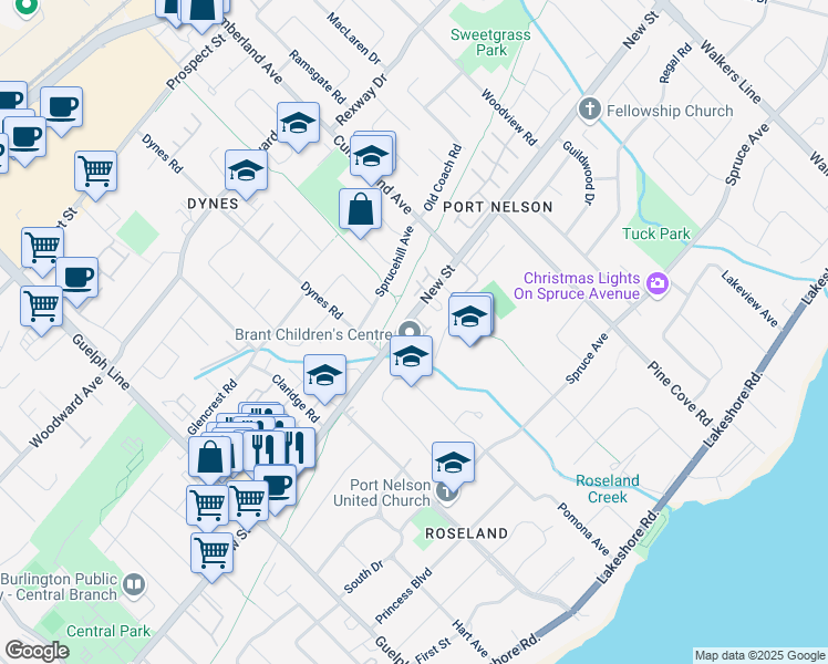 map of restaurants, bars, coffee shops, grocery stores, and more near 3196 New Street in Burlington