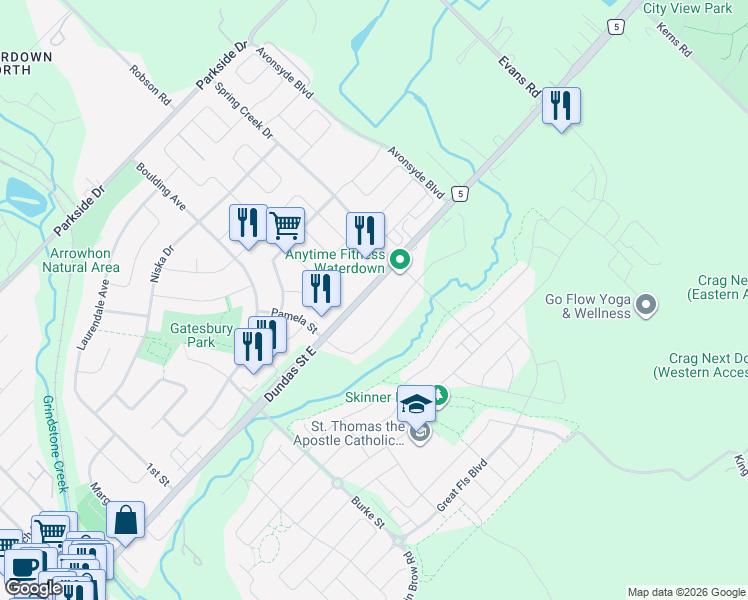 map of restaurants, bars, coffee shops, grocery stores, and more near 460 Dundas Street East in Hamilton