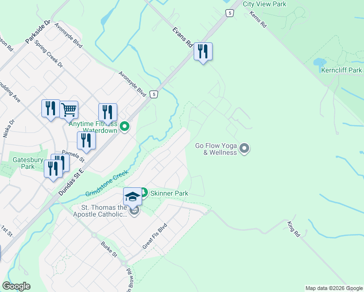 map of restaurants, bars, coffee shops, grocery stores, and more near 377 Skinner Road in Hamilton