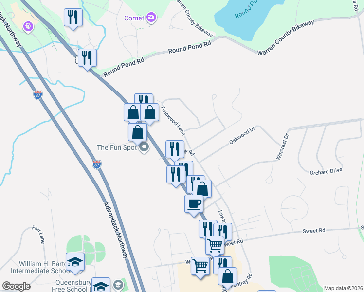 map of restaurants, bars, coffee shops, grocery stores, and more near 125 Montray Road in Queensbury