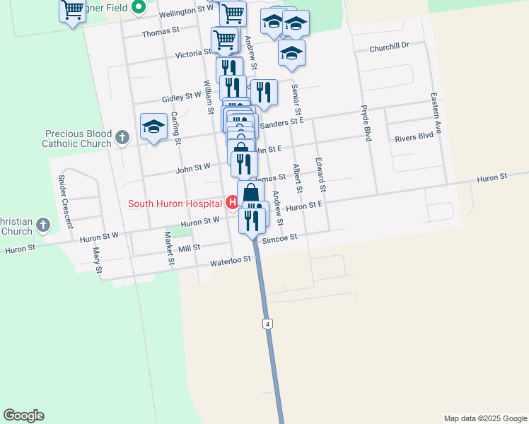 map of restaurants, bars, coffee shops, grocery stores, and more near 21 Huron Street East in Exeter