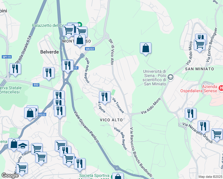 map of restaurants, bars, coffee shops, grocery stores, and more near Via Lazio in Siena
