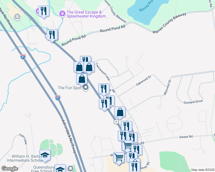 map of restaurants, bars, coffee shops, grocery stores, and more near 125 Montray Road in Queensbury
