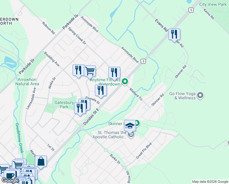 map of restaurants, bars, coffee shops, grocery stores, and more near 477 Hamilton Regional Road 5 in Hamilton