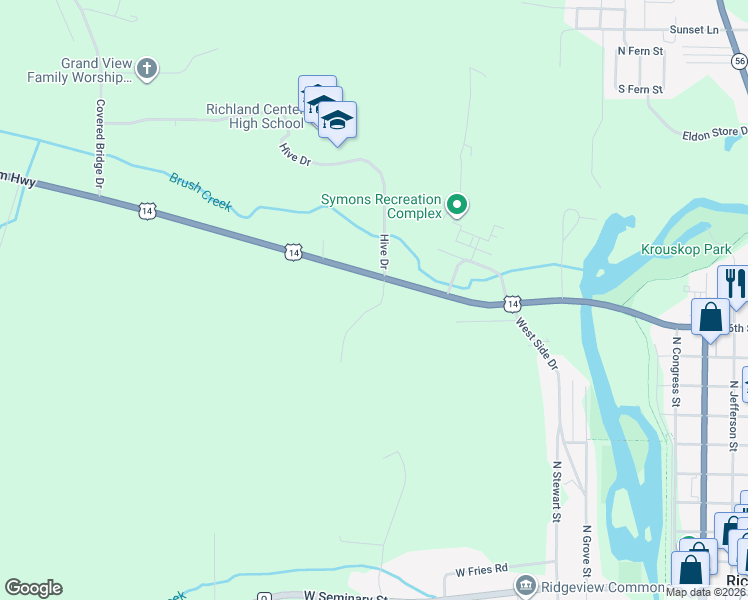 map of restaurants, bars, coffee shops, grocery stores, and more near 855 Panorama Court in Richland Center