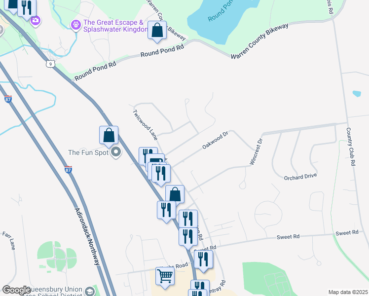 map of restaurants, bars, coffee shops, grocery stores, and more near 9 Cedarwood Drive in Queensbury