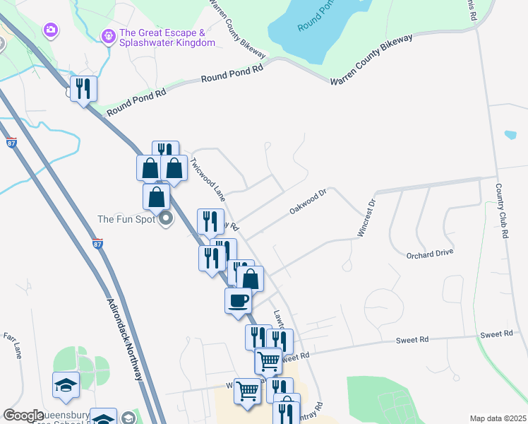 map of restaurants, bars, coffee shops, grocery stores, and more near 9 Cedarwood Drive in Queensbury