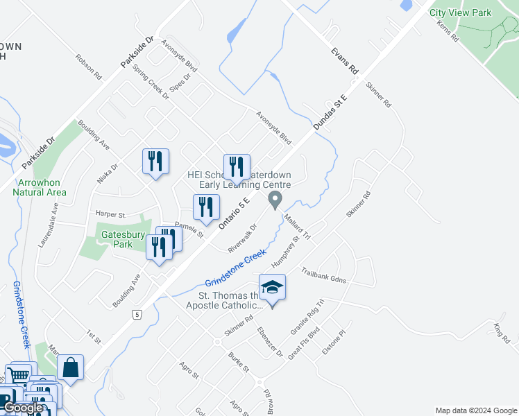 map of restaurants, bars, coffee shops, grocery stores, and more near in Hamilton