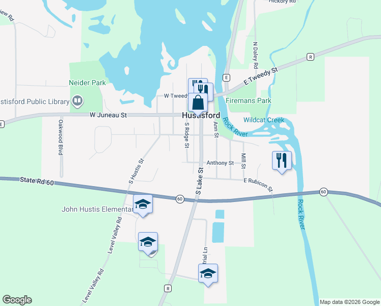 map of restaurants, bars, coffee shops, grocery stores, and more near 236 Ridge Street in Hustisford
