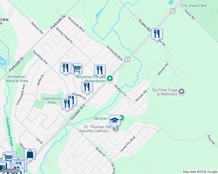 map of restaurants, bars, coffee shops, grocery stores, and more near in Hamilton