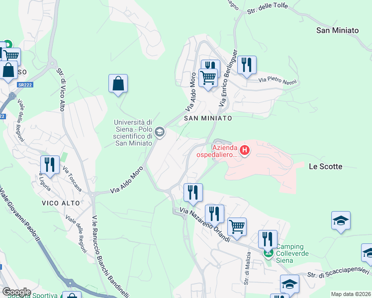 map of restaurants, bars, coffee shops, grocery stores, and more near 21 Via Bruno Buozzi in Siena