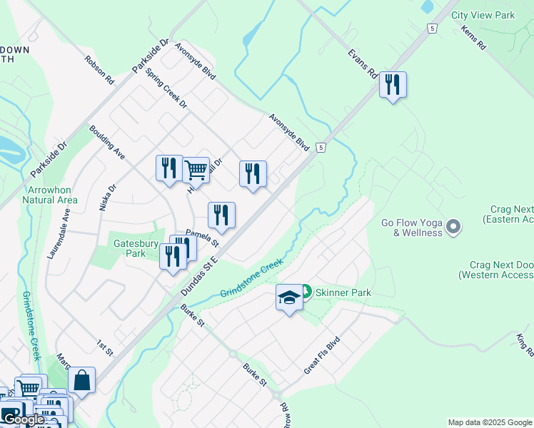 map of restaurants, bars, coffee shops, grocery stores, and more near 470 Dundas Street East in Hamilton