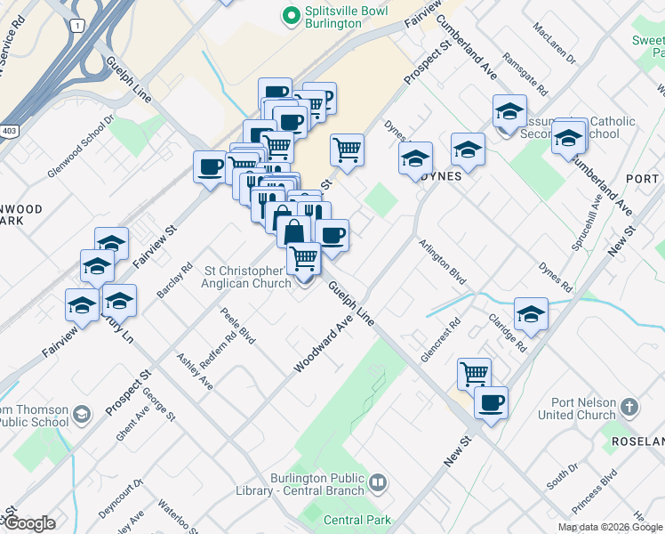 map of restaurants, bars, coffee shops, grocery stores, and more near 11 Oxford Road in Burlington