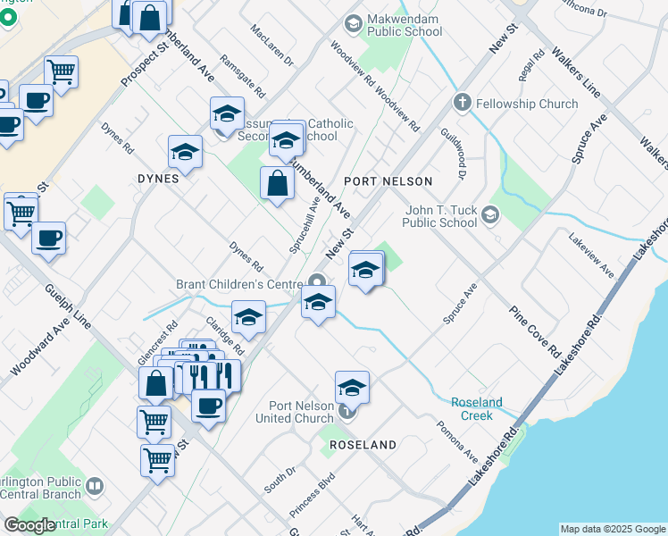 map of restaurants, bars, coffee shops, grocery stores, and more near 3230 New Street in Burlington