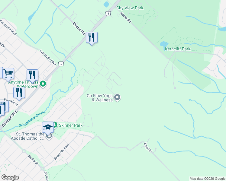 map of restaurants, bars, coffee shops, grocery stores, and more near Concession Road 3 E in Burlington