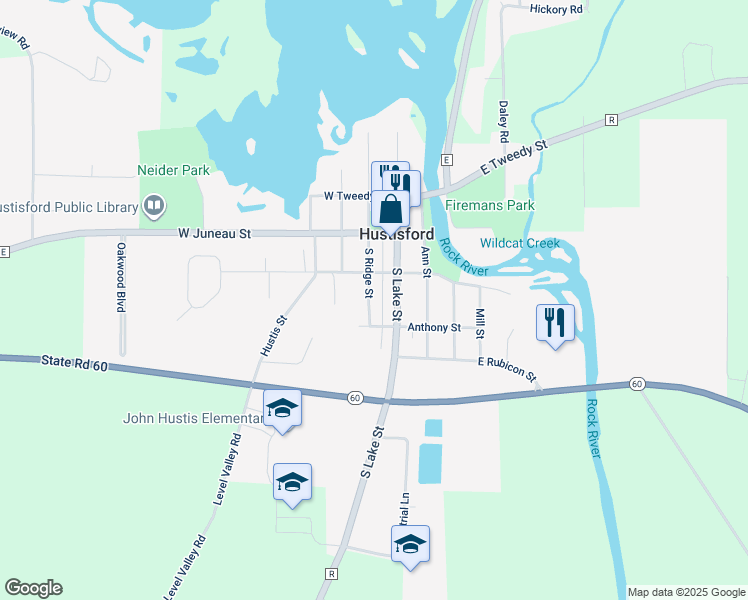 map of restaurants, bars, coffee shops, grocery stores, and more near 236 Ridge Street in Hustisford