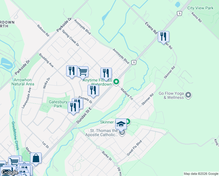 map of restaurants, bars, coffee shops, grocery stores, and more near 477 Hamilton Regional Road 5 in Hamilton