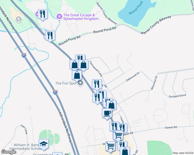 map of restaurants, bars, coffee shops, grocery stores, and more near 125 Montray Road in Glens Falls North