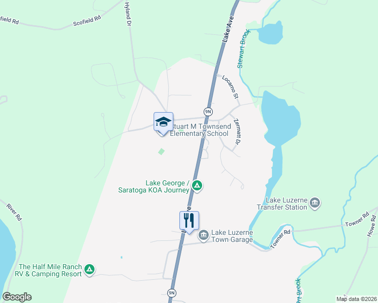 map of restaurants, bars, coffee shops, grocery stores, and more near 605 Lake Avenue in Lake Luzerne