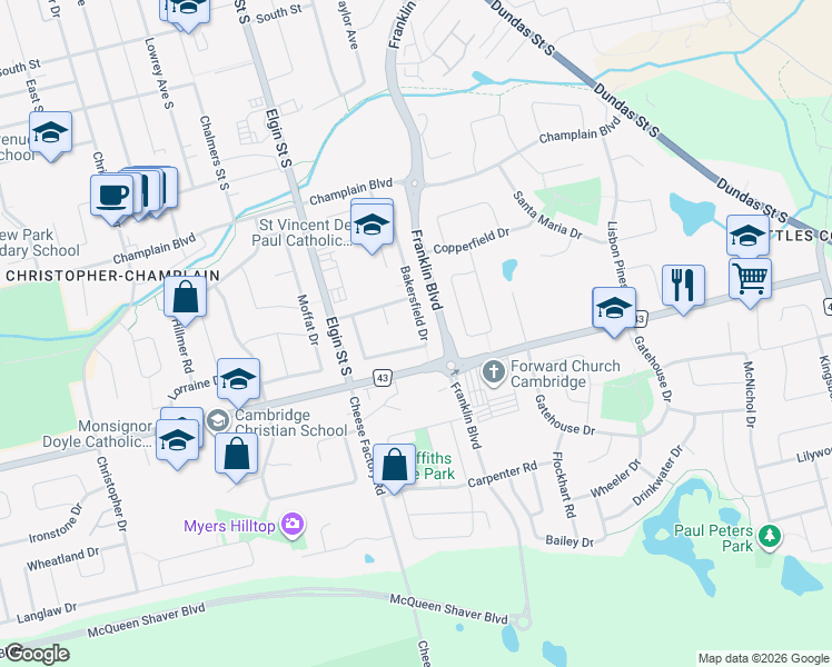 map of restaurants, bars, coffee shops, grocery stores, and more near 155 Bakersfield Drive in Cambridge