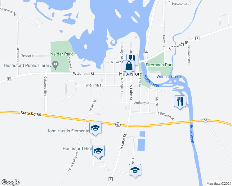 map of restaurants, bars, coffee shops, grocery stores, and more near 236 Ridge Street in Hustisford