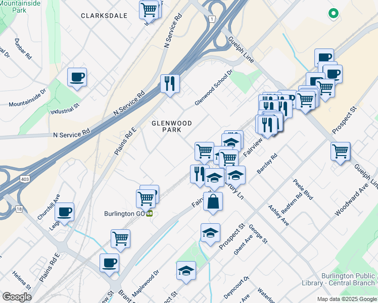 map of restaurants, bars, coffee shops, grocery stores, and more near 2285 Fassel Avenue in Burlington