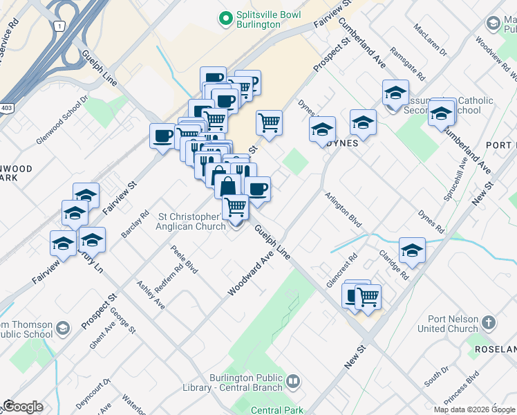 map of restaurants, bars, coffee shops, grocery stores, and more near 11 Oxford Road in Burlington
