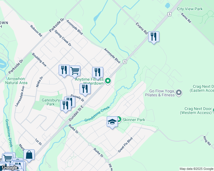 map of restaurants, bars, coffee shops, grocery stores, and more near 10 Mallard Trail in Hamilton