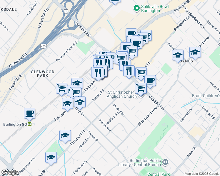 map of restaurants, bars, coffee shops, grocery stores, and more near 768 Wesley Street in Burlington