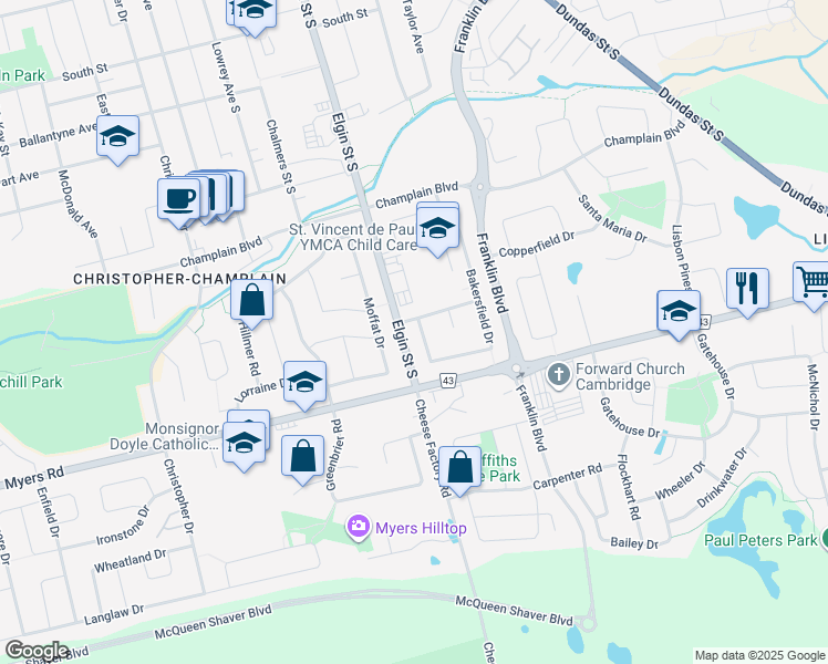 map of restaurants, bars, coffee shops, grocery stores, and more near 273 Bakersfield Drive in Cambridge