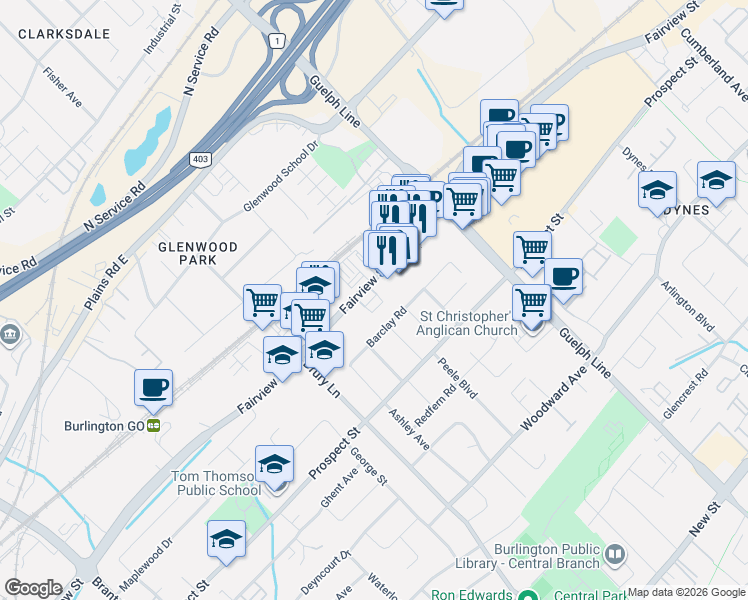 map of restaurants, bars, coffee shops, grocery stores, and more near 2362 Fairview Street in Burlington
