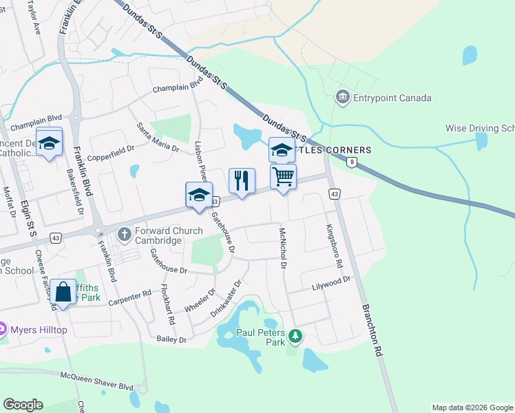 map of restaurants, bars, coffee shops, grocery stores, and more near 695 Myers Road in Cambridge
