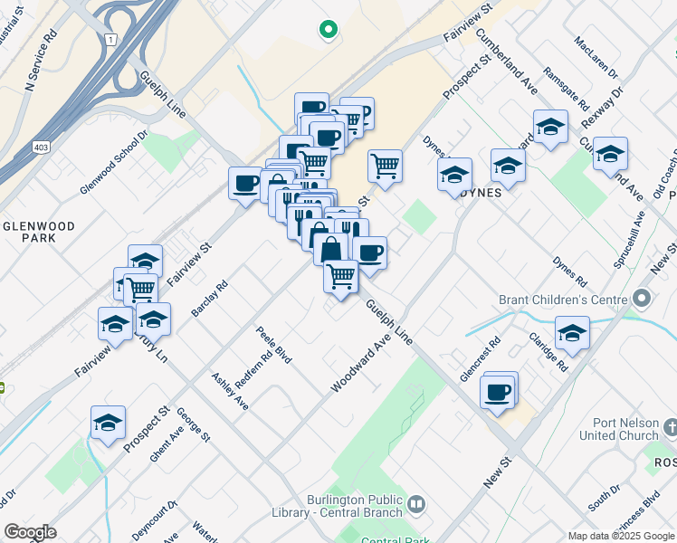 map of restaurants, bars, coffee shops, grocery stores, and more near 700 Guelph Line in Burlington