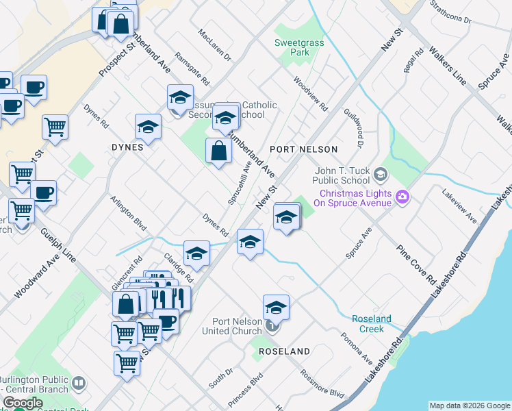 map of restaurants, bars, coffee shops, grocery stores, and more near 3243 New Street in Burlington