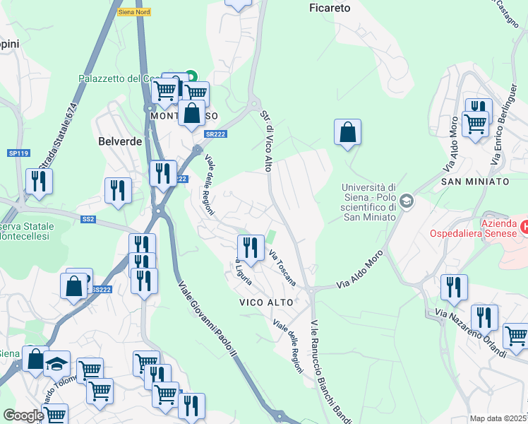 map of restaurants, bars, coffee shops, grocery stores, and more near Via Lazio in Siena