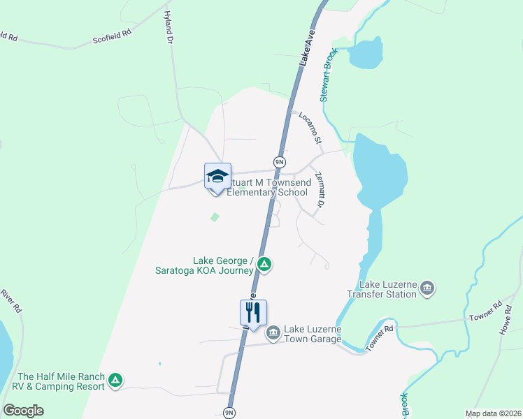 map of restaurants, bars, coffee shops, grocery stores, and more near 605 Lake Avenue in Lake Luzerne