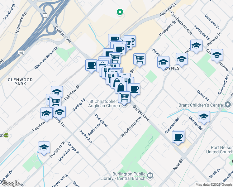 map of restaurants, bars, coffee shops, grocery stores, and more near 700 Guelph Line in Burlington