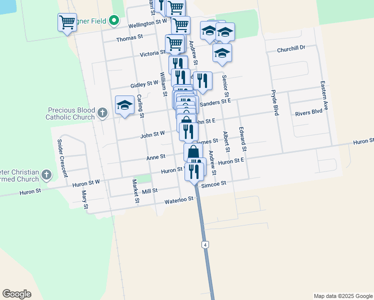 map of restaurants, bars, coffee shops, grocery stores, and more near in Exeter