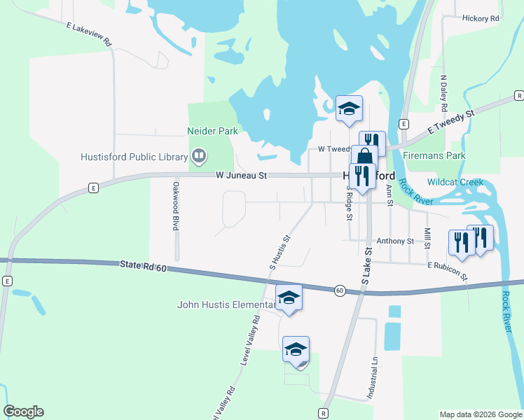 map of restaurants, bars, coffee shops, grocery stores, and more near 264 Maple Street in Hustisford