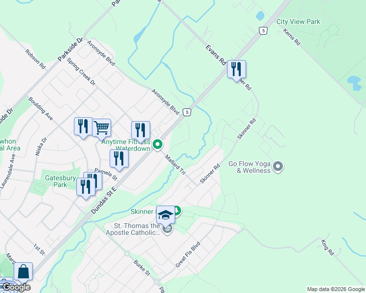 map of restaurants, bars, coffee shops, grocery stores, and more near 86 Valley Trail Place in Hamilton