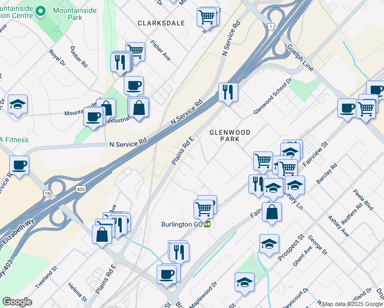 map of restaurants, bars, coffee shops, grocery stores, and more near 2220 Queensway Drive in Burlington