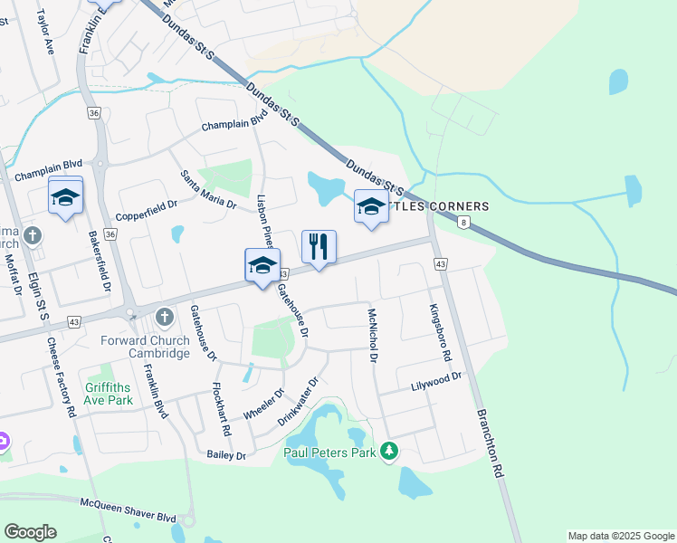map of restaurants, bars, coffee shops, grocery stores, and more near 695 Myers Road in Cambridge