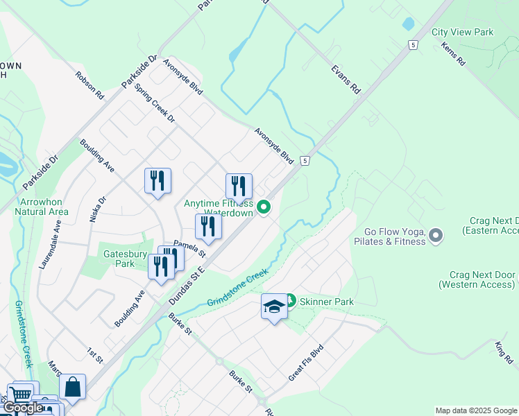map of restaurants, bars, coffee shops, grocery stores, and more near Dundas St E & Spring Creek Dr in Hamilton