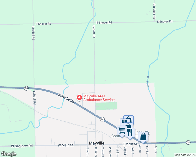 map of restaurants, bars, coffee shops, grocery stores, and more near 5765 Fulton Street in Mayville