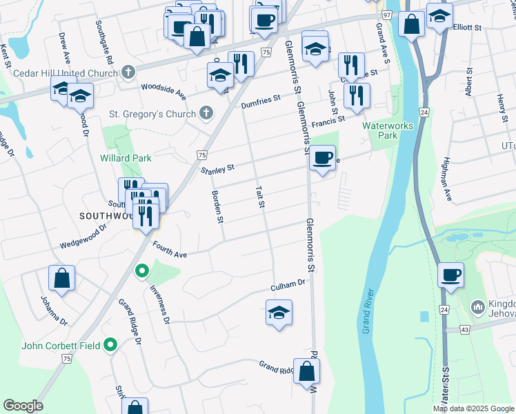 map of restaurants, bars, coffee shops, grocery stores, and more near 104 Tait Street in Cambridge
