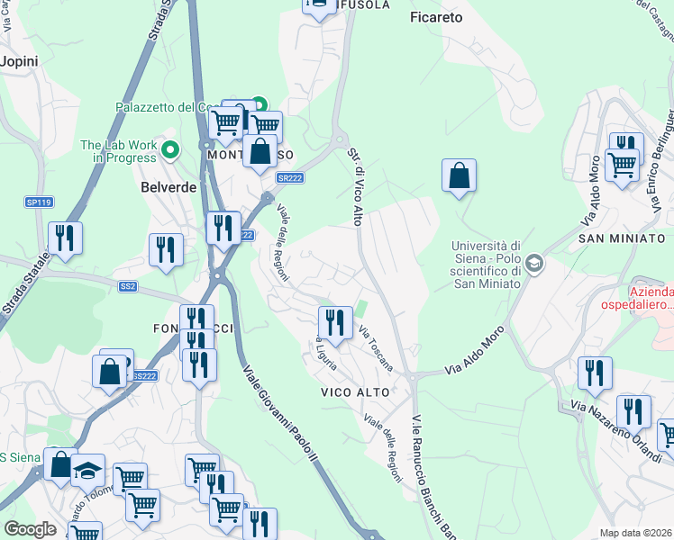 map of restaurants, bars, coffee shops, grocery stores, and more near Via Lazio in Siena